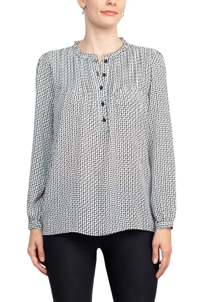 Adrianna Papell Crew Neck Long Sleeves Button Detail Woven Top