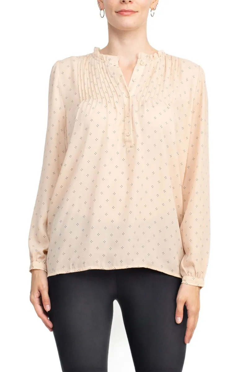 Adrianna Papell Crew Neck Long Sleeves Button Detail Woven Top