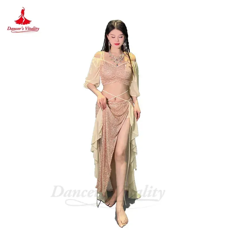 Belly Dance Costume Set for Women Short Sleeves Top split Long Skirt 2pcs Oriental Professional Set Belly Dancing Wear Outfit