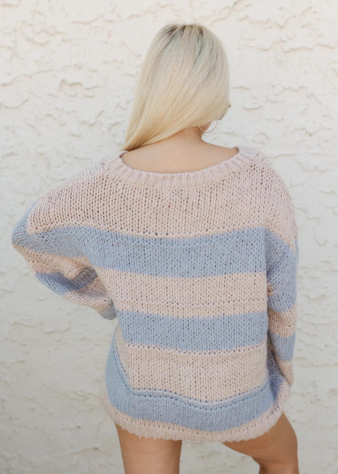 Blue & Blush Striped Cable Knit Sweater