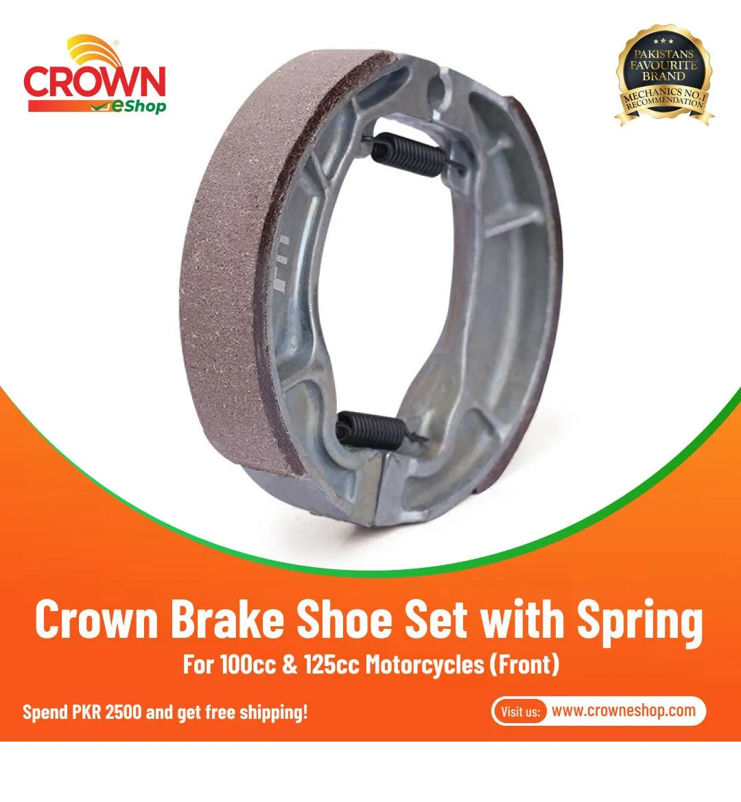 Crown Brake Shoe Set Front with Spring for 100cc & 125cc Motorcycles