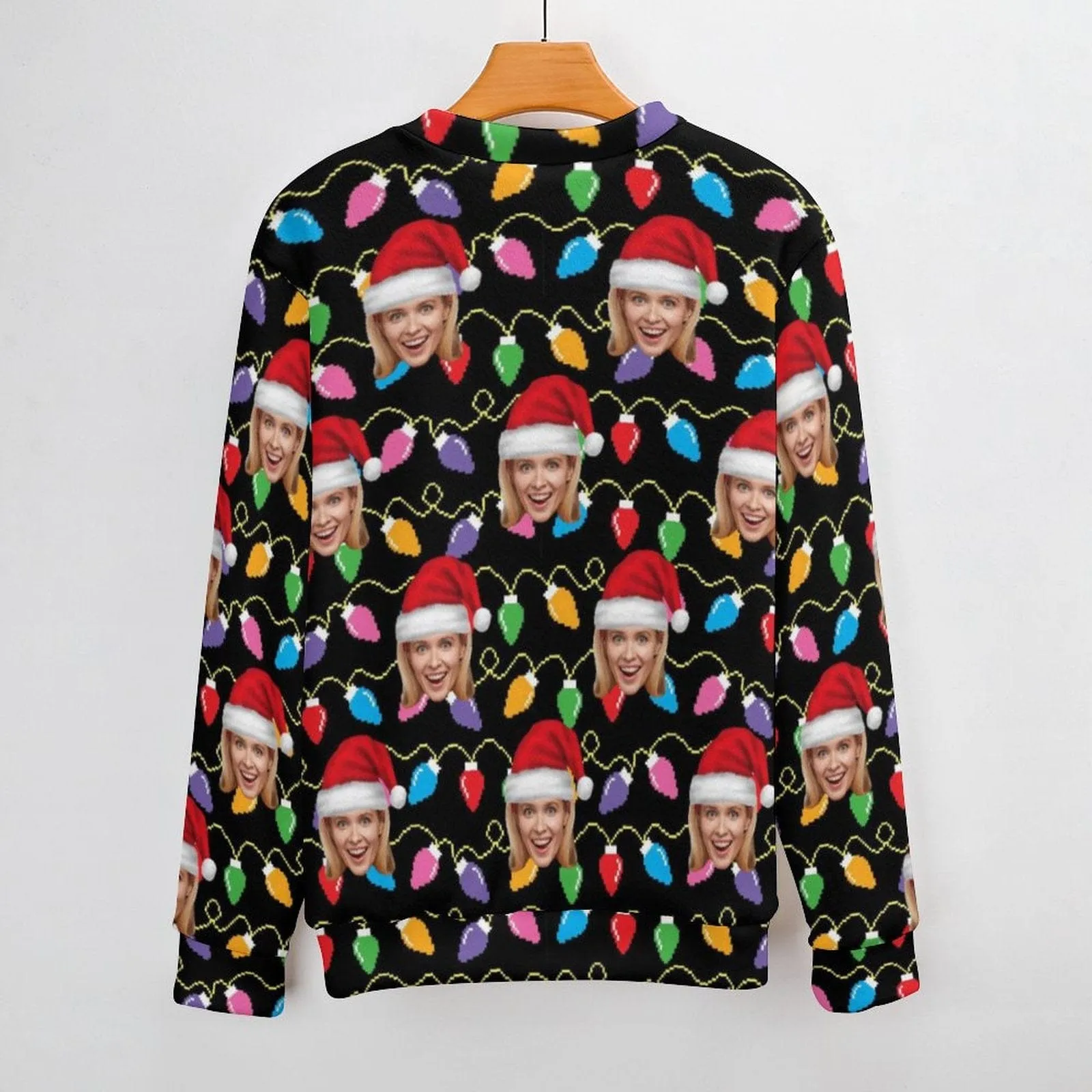 Custom Face Ugly Sweater Colorful Lights Santa Hat Round Neck Sweater for Christmas