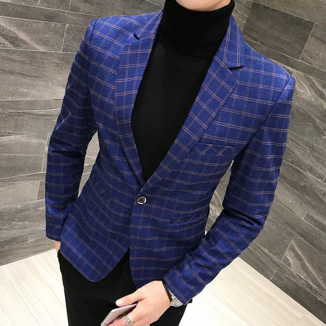 Elegant British Plaid Style Slim Fit Men Blazer