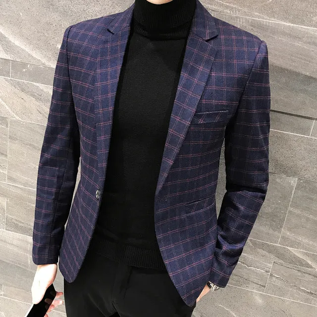 Elegant British Plaid Style Slim Fit Men Blazer