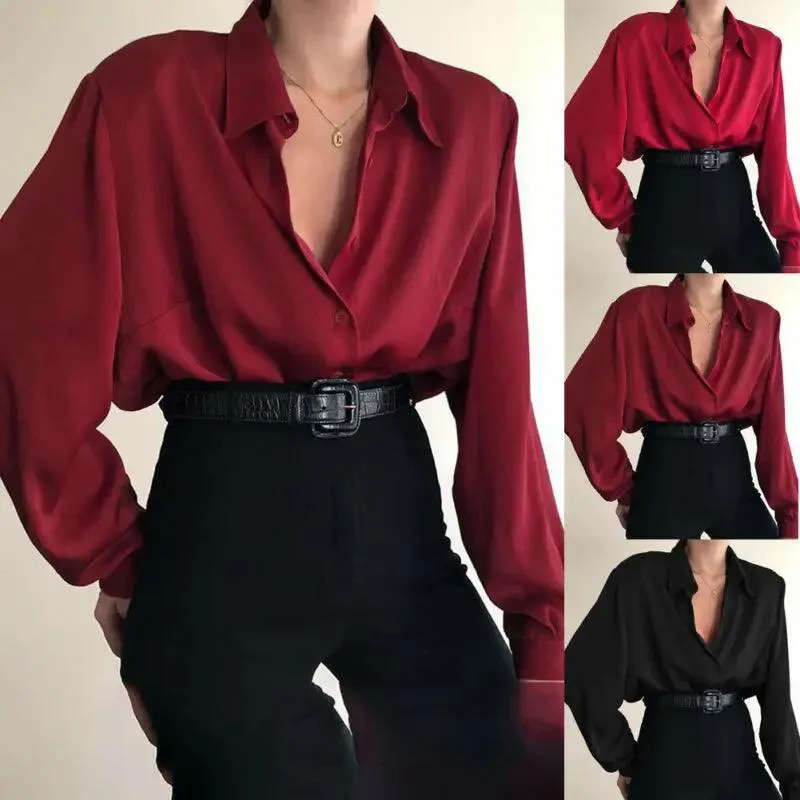 Elegant Red & Black Button-Down Office Blouse: Stylish & Professional Choice