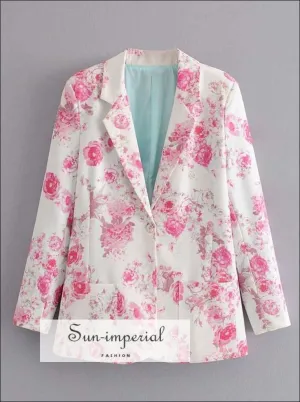 Elegant Women White with Pink Floral Print Blazer with Single Button and Pockets detail