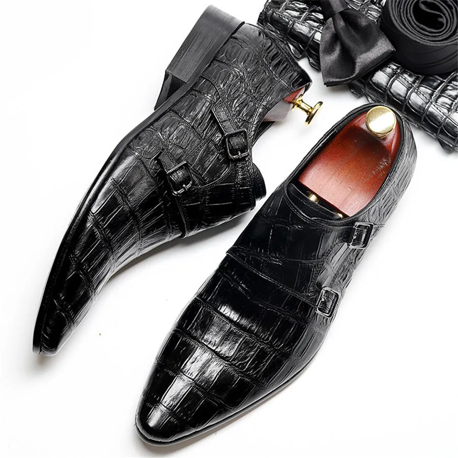 Luxury Alligator Pattern Pointed Toe Brogue Dress Shoes