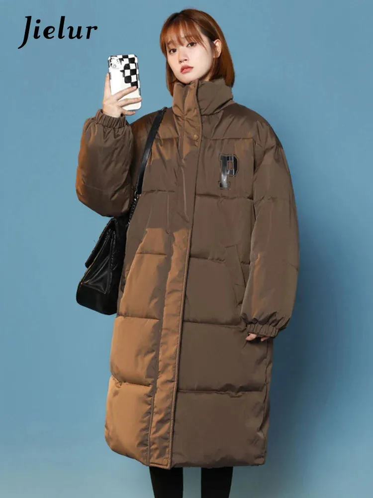 Metaversmall Casual P Letter Print Cotton Jackets Women Bread Coat Female Korean Parkas Loose Brown White Jacket Woman Medium Length