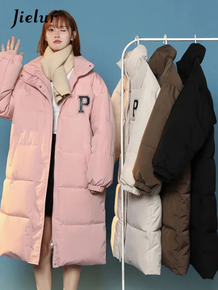 Metaversmall Casual P Letter Print Cotton Jackets Women Bread Coat Female Korean Parkas Loose Brown White Jacket Woman Medium Length