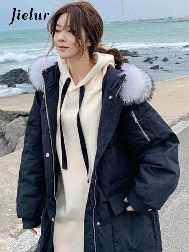 Metaversmall Casual Solid Color Loose Fur Hooded Female Thick Beige Black Coat Women Korean Long Parkas Winter Cotton Jacket Women