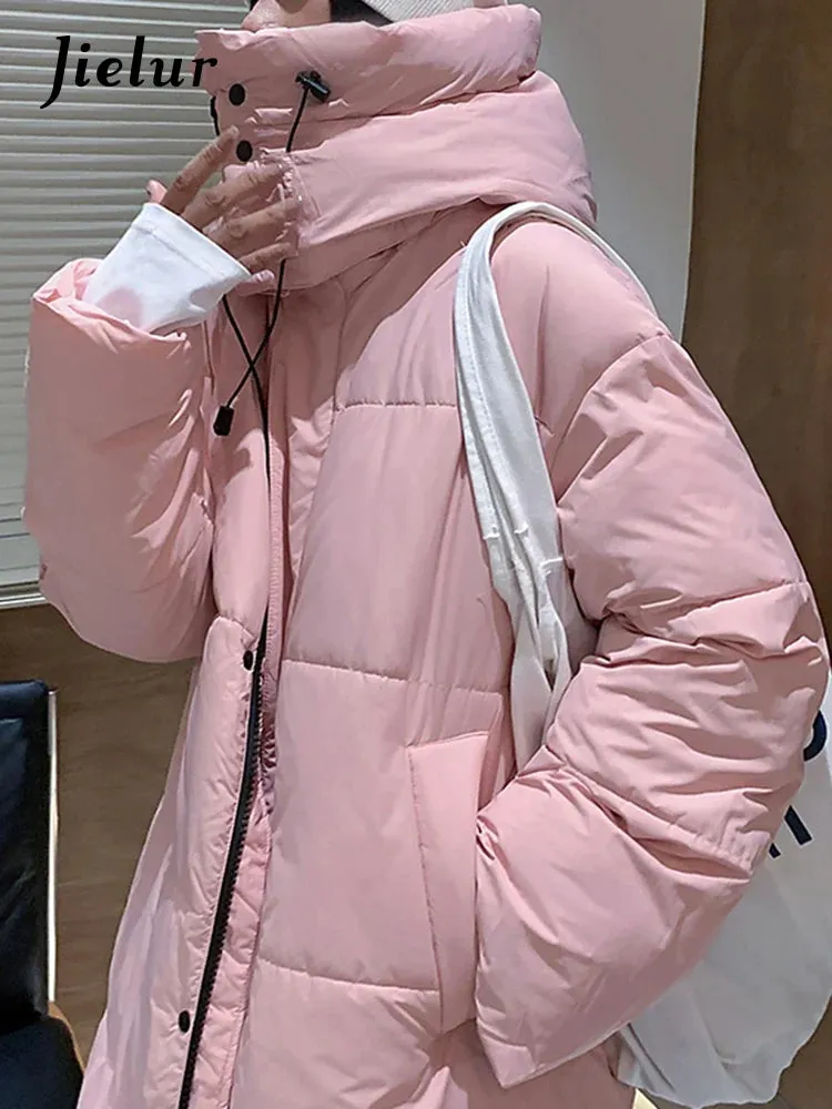 Metaversmall Khaki Winter Hooded Korean Style Female Parkas Loose Warm Zipper Solid Color Fashion Women's Parka Pink Long Down Coat