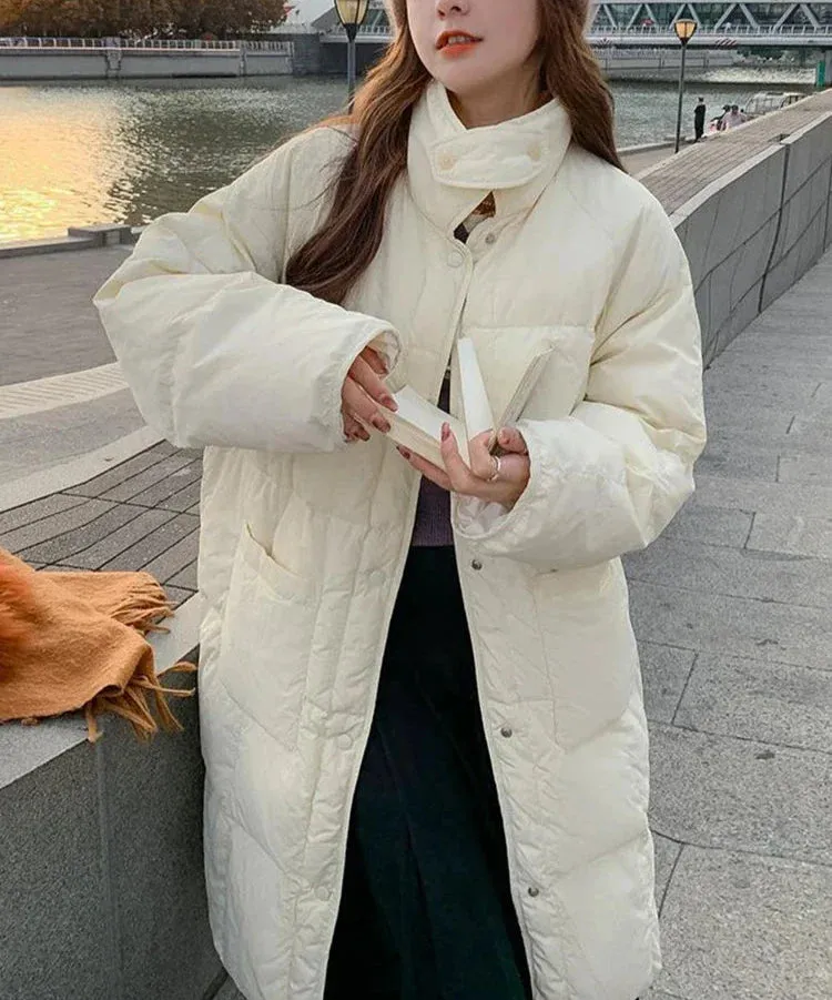 Metaversmall Long Down Jacket for Women Korean Beige Black Parkas New Loose Big Pocket Windproof Single-breasted Winter Coat Female