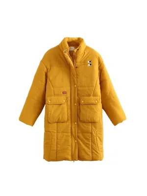 Metaversmall Long Parkas Jacket For Women Yellow Solid Cartoon Embridery Pocket Coat Winter  Sleeve Single-breasted Warm Outwear