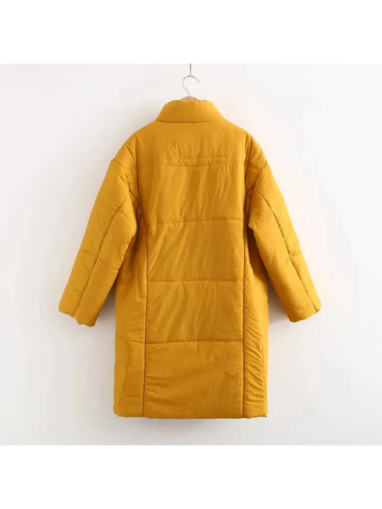 Metaversmall Long Parkas Jacket For Women Yellow Solid Cartoon Embridery Pocket Coat Winter  Sleeve Single-breasted Warm Outwear