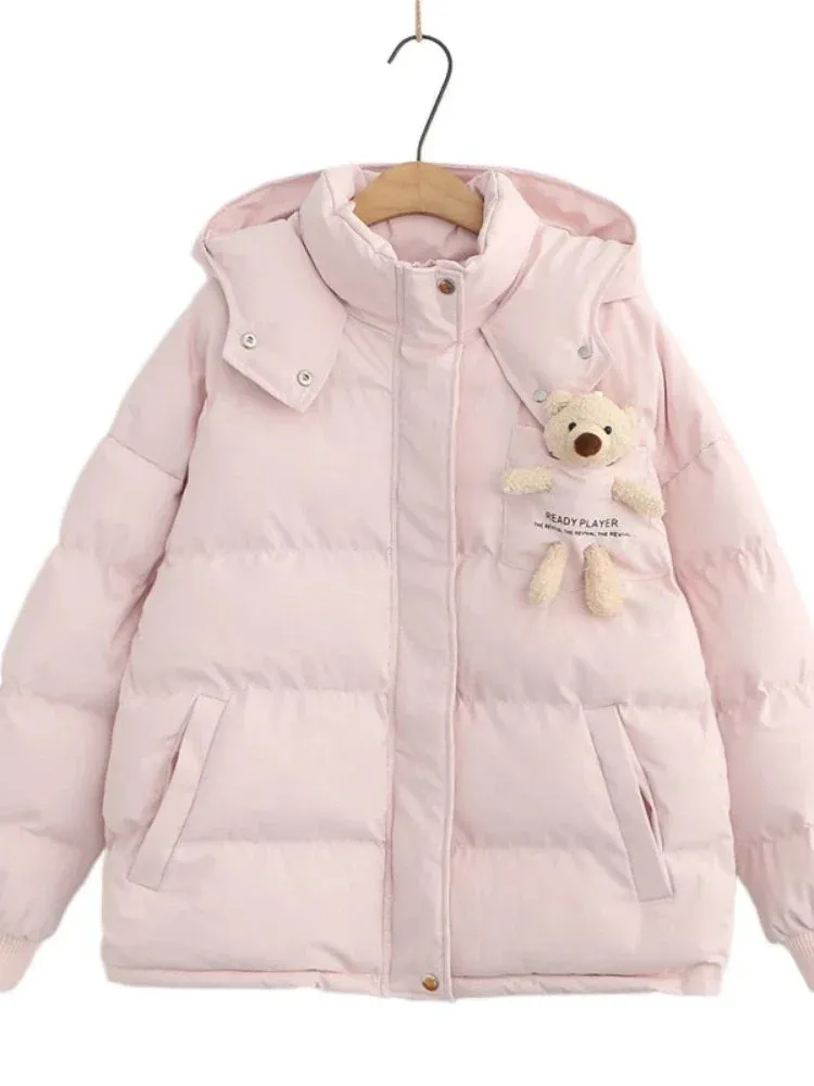 Metaversmall Pink Cartoon Bear Appliques Jacket Parka Women Winter Hooded Coat Warm Casual Parkas Long Sleeve Cotton Liner Thick Outwear