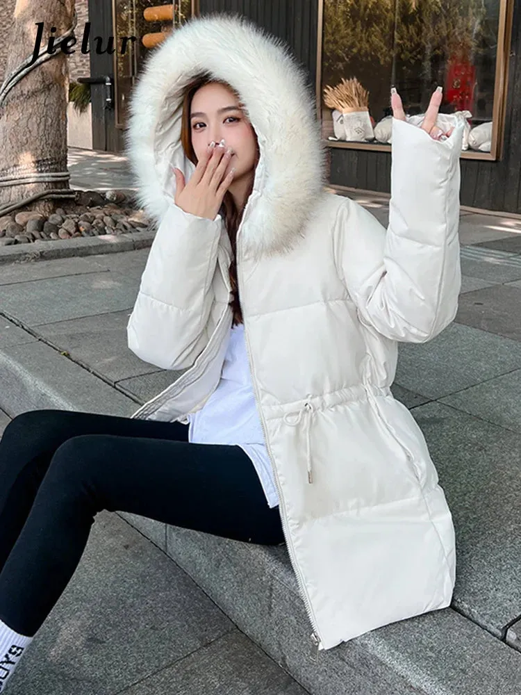 Metaversmall Thicken Slim-waist Cotton Jacket for Women Korean Winter Warm Mid Length Woman Parkas Fur Hooded White Coat Female M-XXL