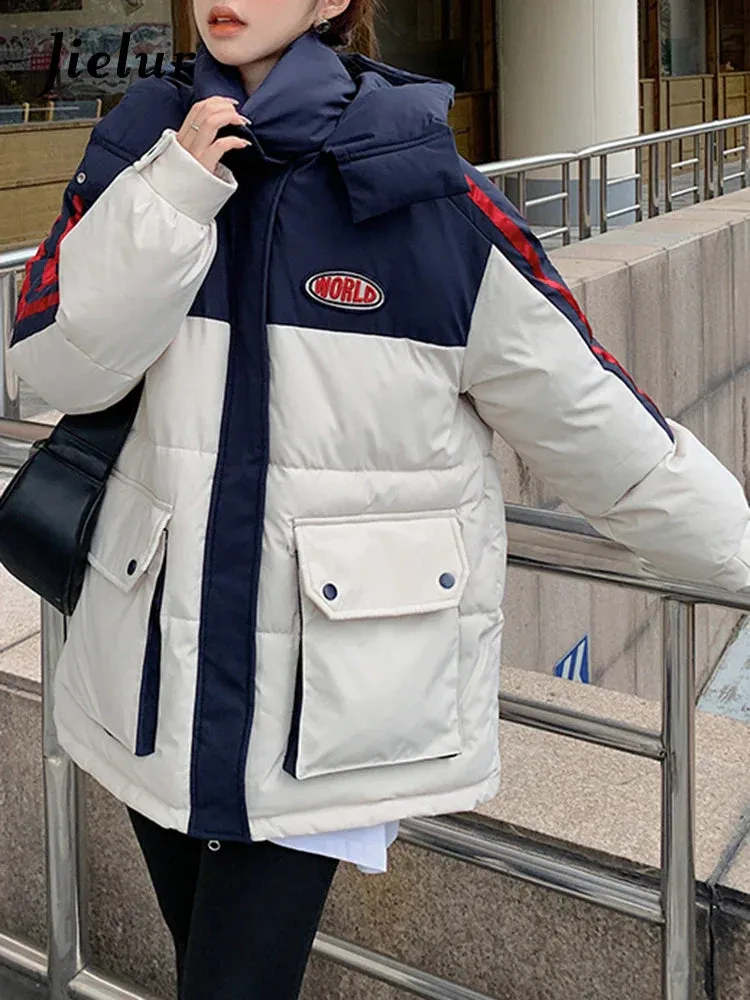 Metaversmall Winter Fashion Patchwork Hooded Parkas Female Casual Korean Zipper Cotton Down Jacket Women Pocket Blue Padded Parka Lady