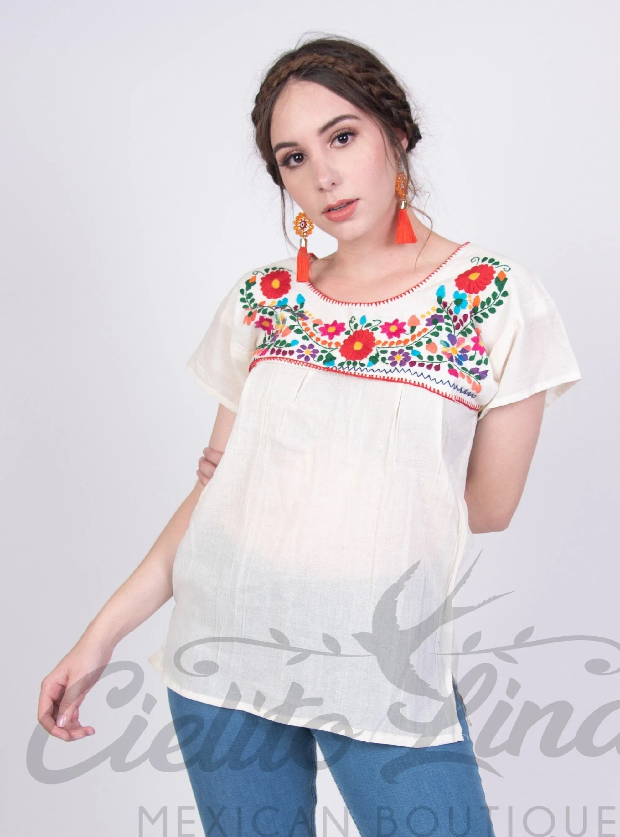 Mexican Tehuacan Embroidered Blouse White