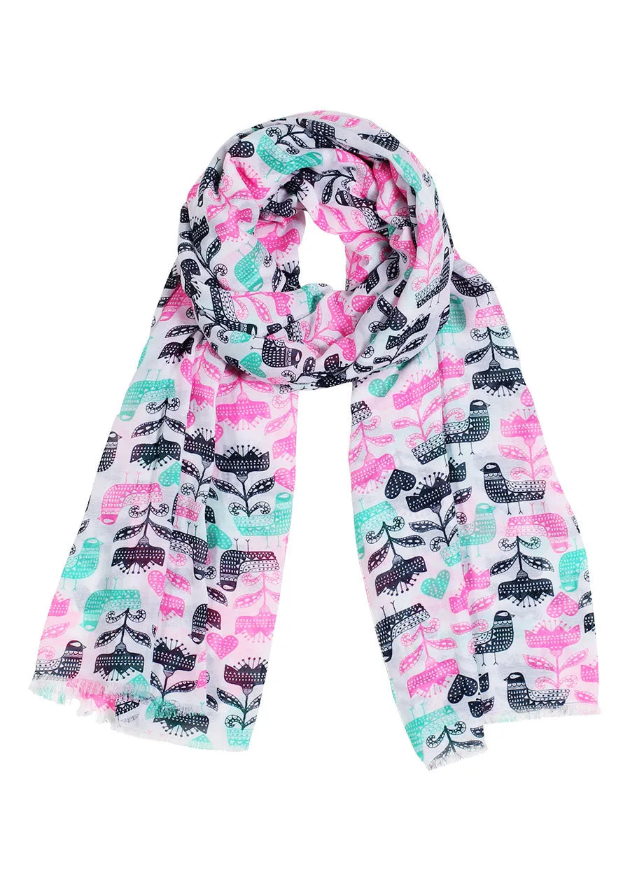 Mystic Birds, Hearts and Flowers Print Scarf