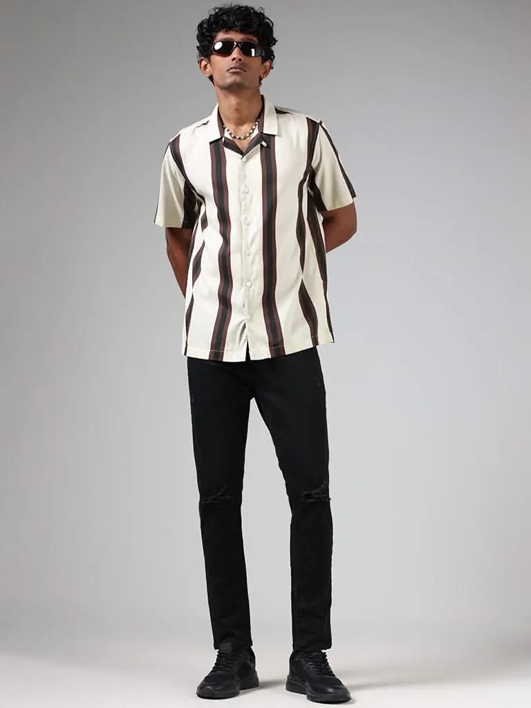 Nuon Off White & Brown Striped Relaxed-Fit Shirt