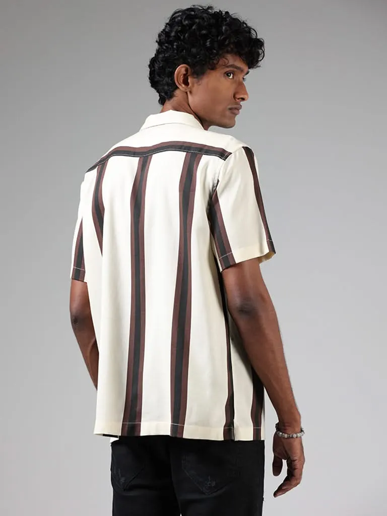 Nuon Off White & Brown Striped Relaxed-Fit Shirt