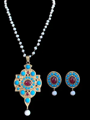 PS353 ruby feroza fresh water pearl pendant set ( READY TO SHIP)