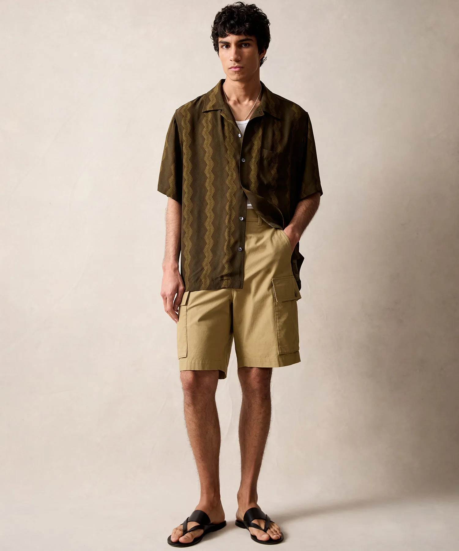 Relaxed Camp Collar Shirt in Olive Zigzag