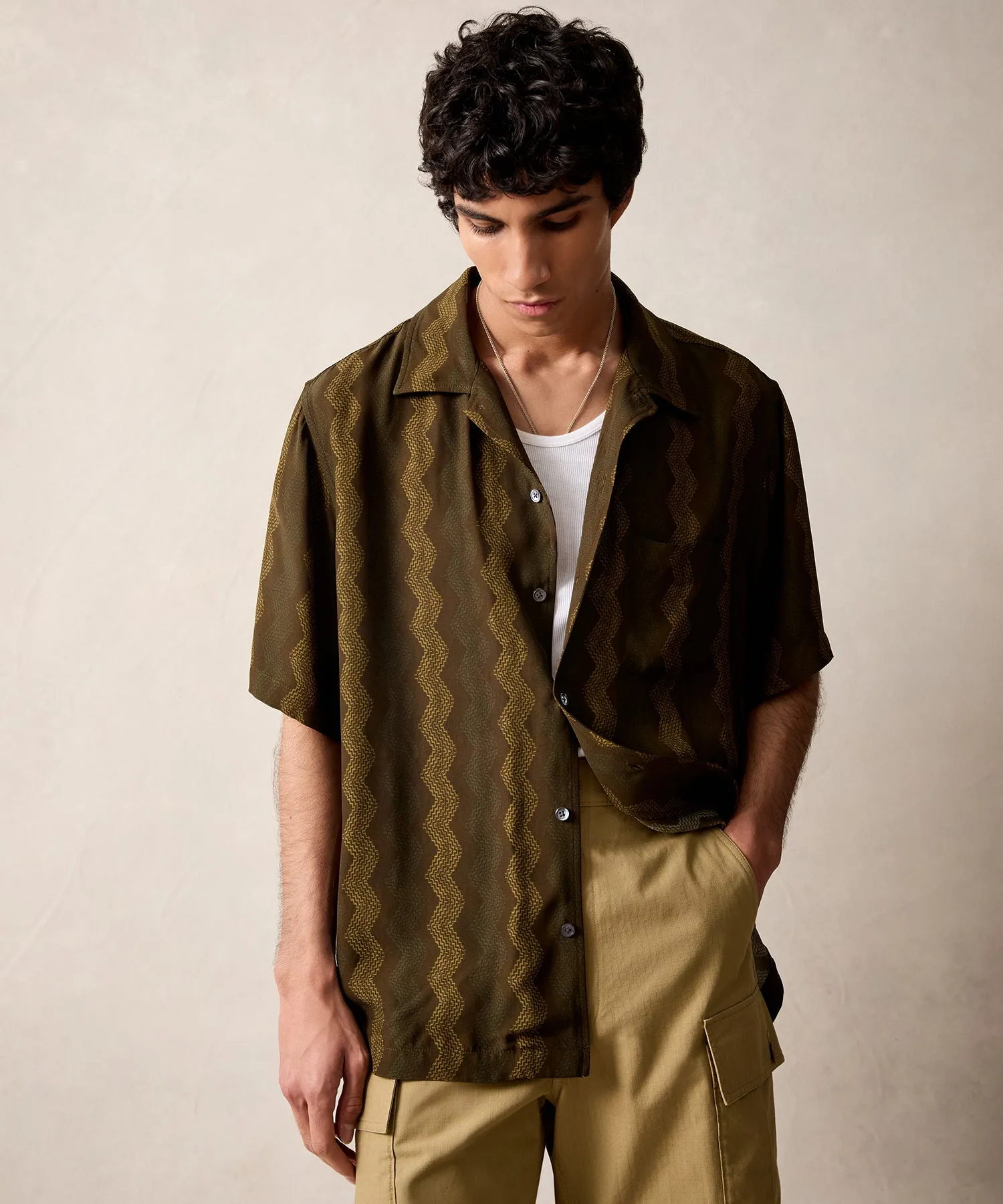 Relaxed Camp Collar Shirt in Olive Zigzag