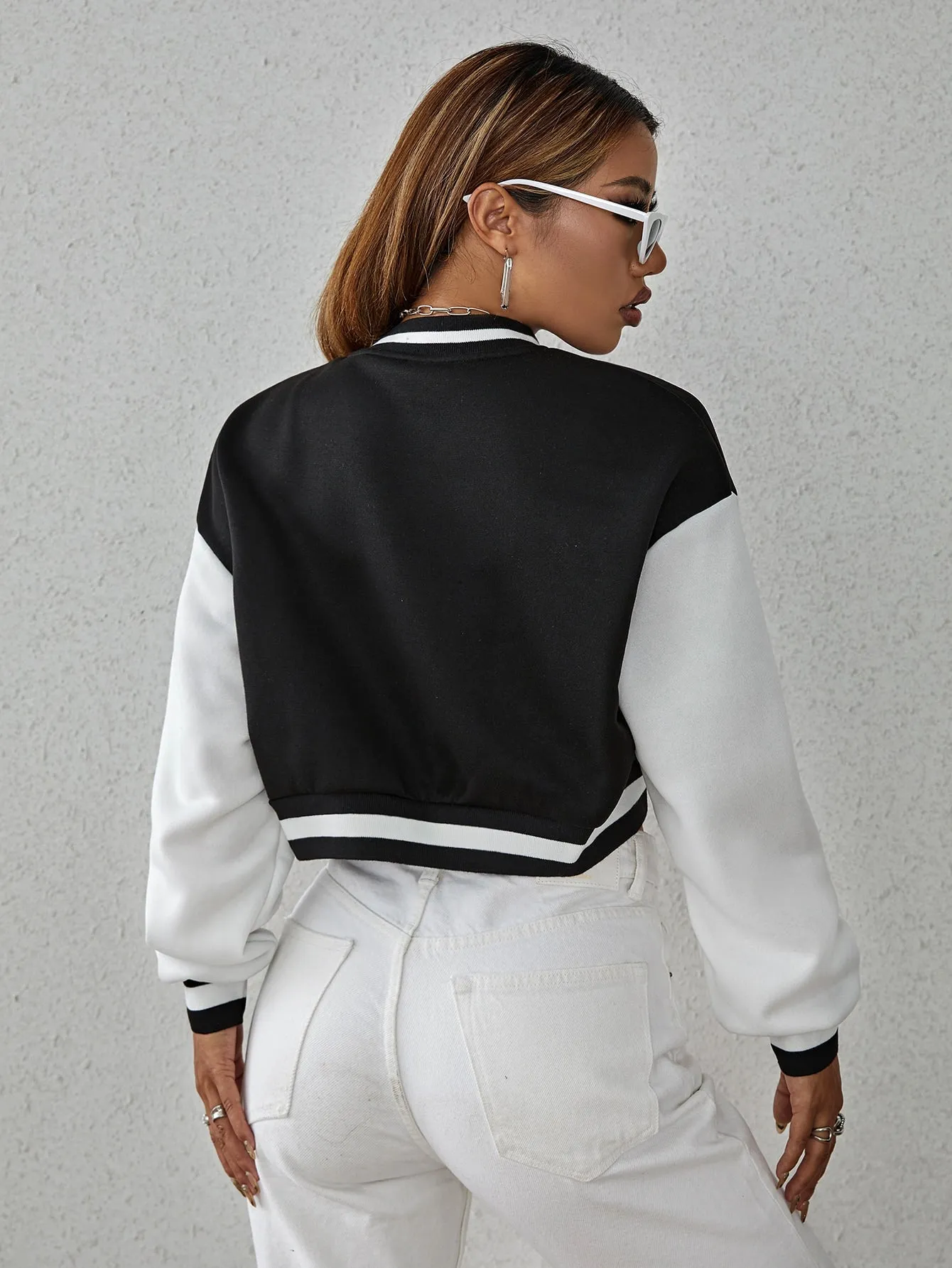 SHEIN Drop Shoulder Two Tone Crop Bomber Jacket