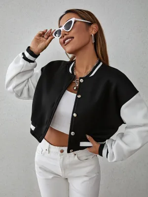 SHEIN Drop Shoulder Two Tone Crop Bomber Jacket