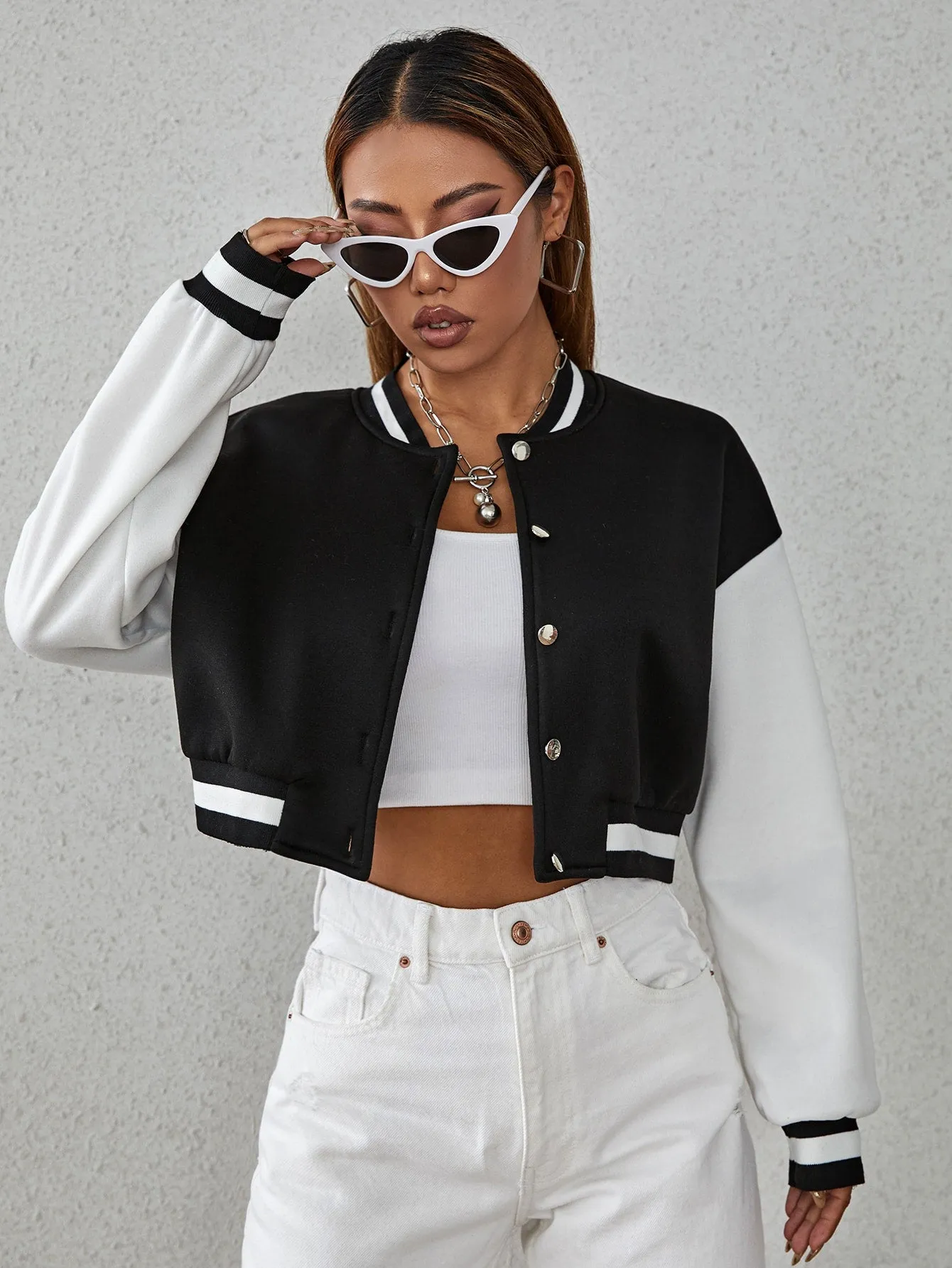 SHEIN Drop Shoulder Two Tone Crop Bomber Jacket