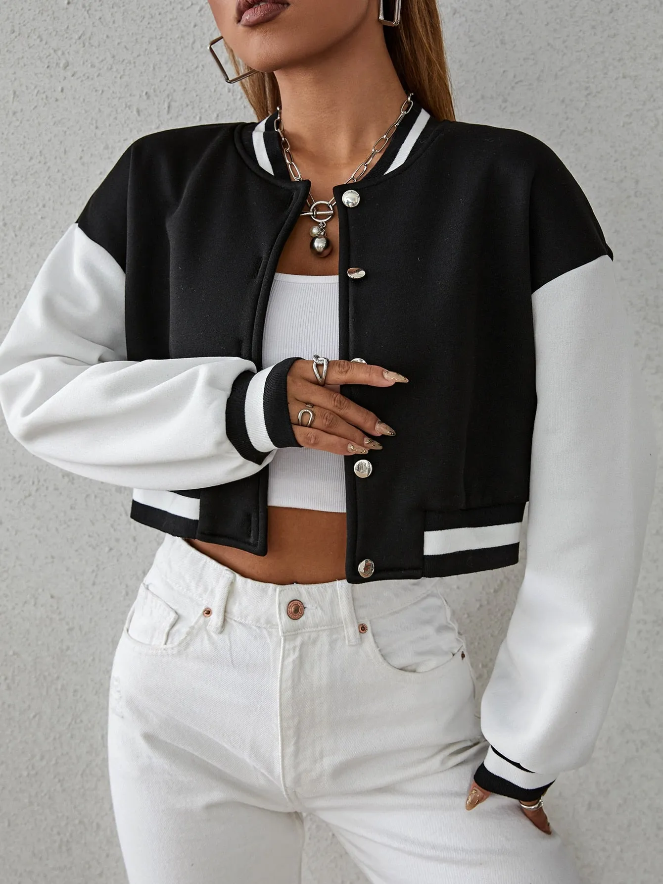 SHEIN Drop Shoulder Two Tone Crop Bomber Jacket