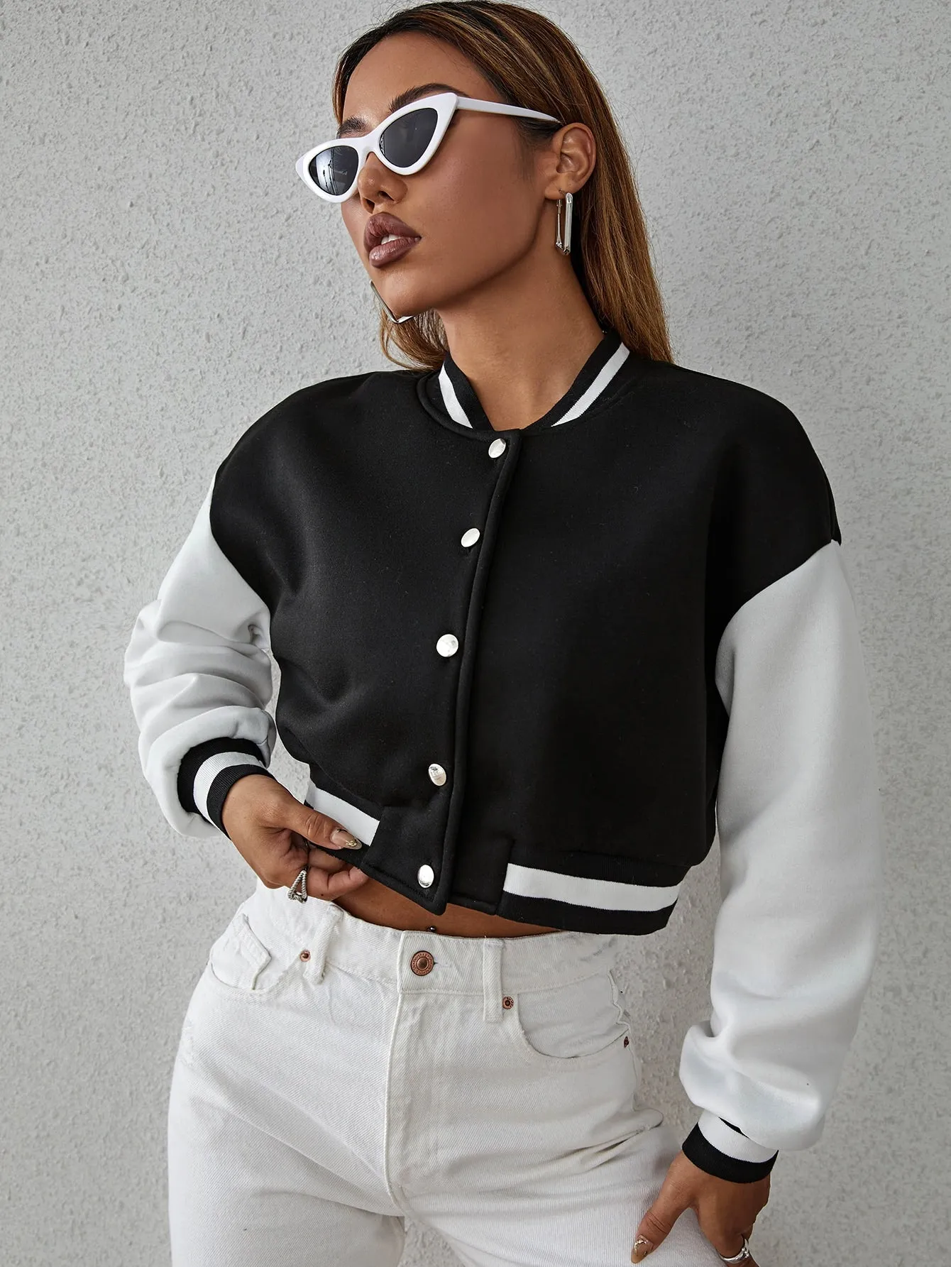 SHEIN Drop Shoulder Two Tone Crop Bomber Jacket