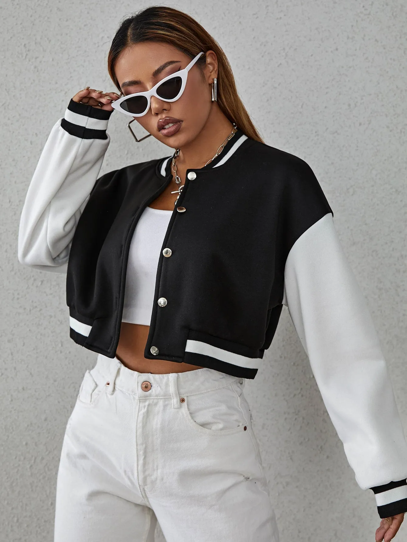 SHEIN Drop Shoulder Two Tone Crop Bomber Jacket