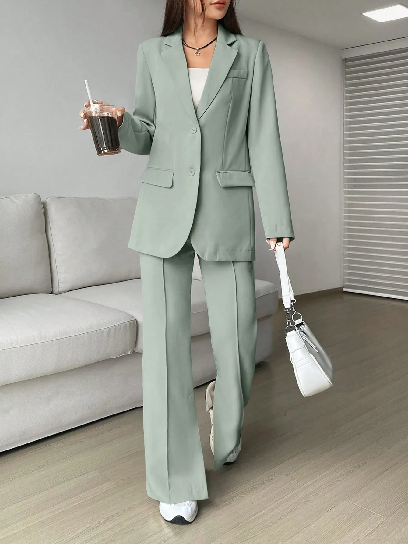 SHEIN EZwear Ladies' Single-breasted Long Suit Jacket And Slit Suit Pants Set