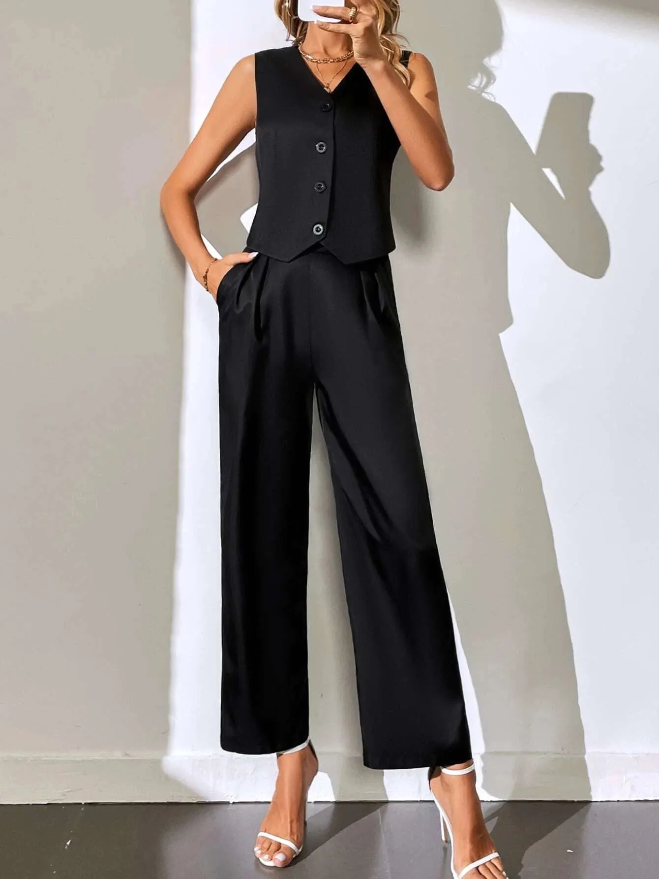 SHEIN Solid Button Front Blazer Vest & Suit Pants