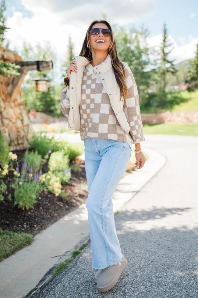 Warm Hearts Taupe Fuzzy Checkered V-neck Sweater SALE