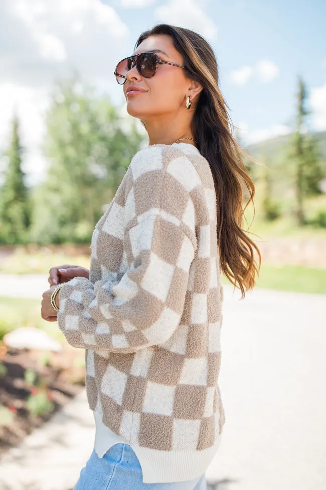 Warm Hearts Taupe Fuzzy Checkered V-neck Sweater SALE