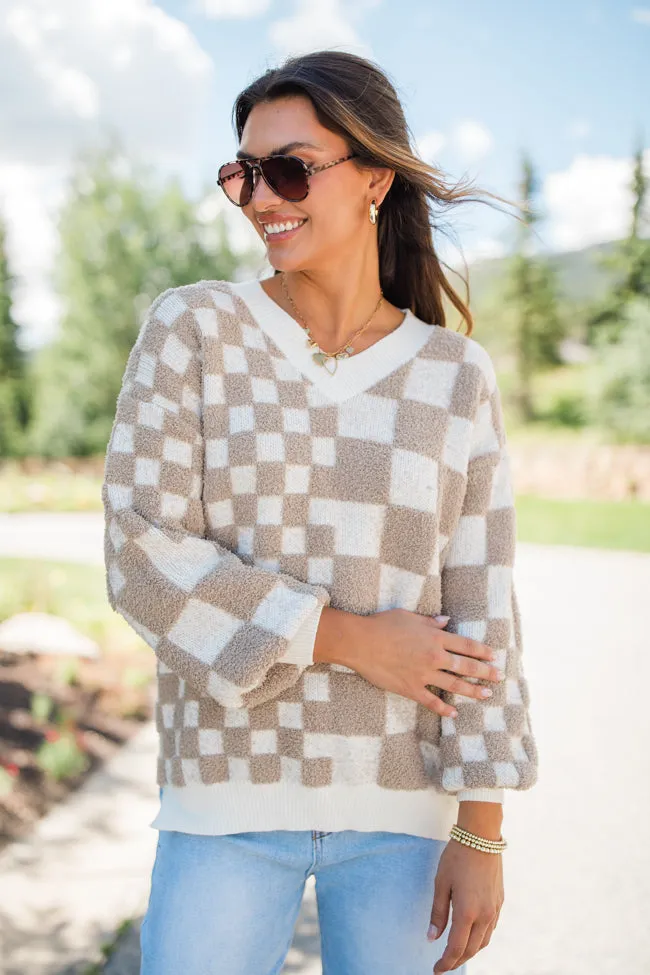 Warm Hearts Taupe Fuzzy Checkered V-neck Sweater SALE