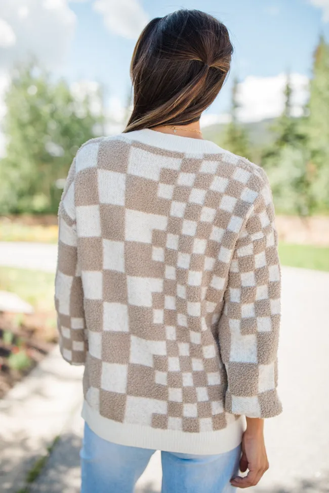 Warm Hearts Taupe Fuzzy Checkered V-neck Sweater SALE