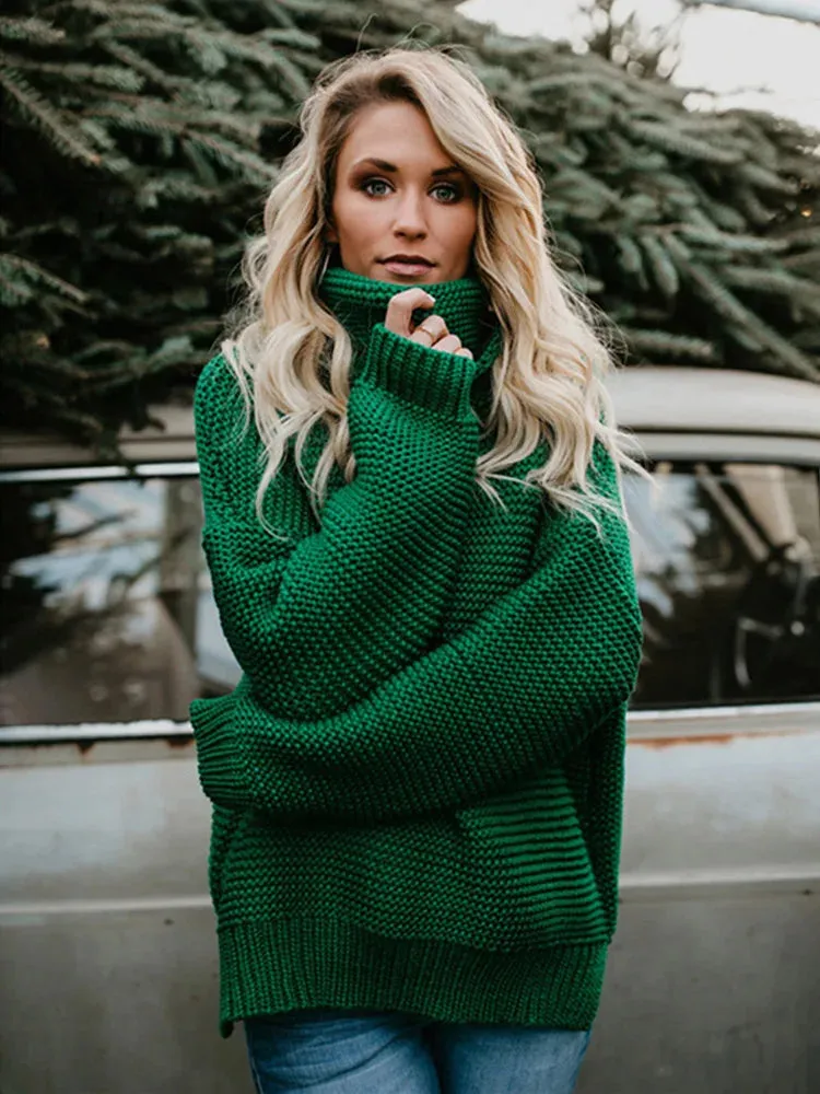 Wenkouban-Christmas Thanksgiving outfits_Thick Autumn Winter Green Knitted Oversized TurtleNeck Christmas Sweater