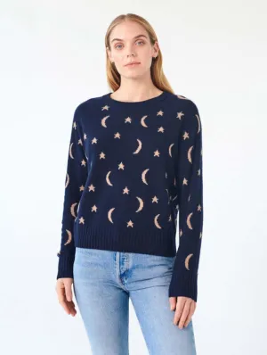 White   Warren - Cashmere New Moon Intarsia Sweatshirt in Deep Navy/Camel