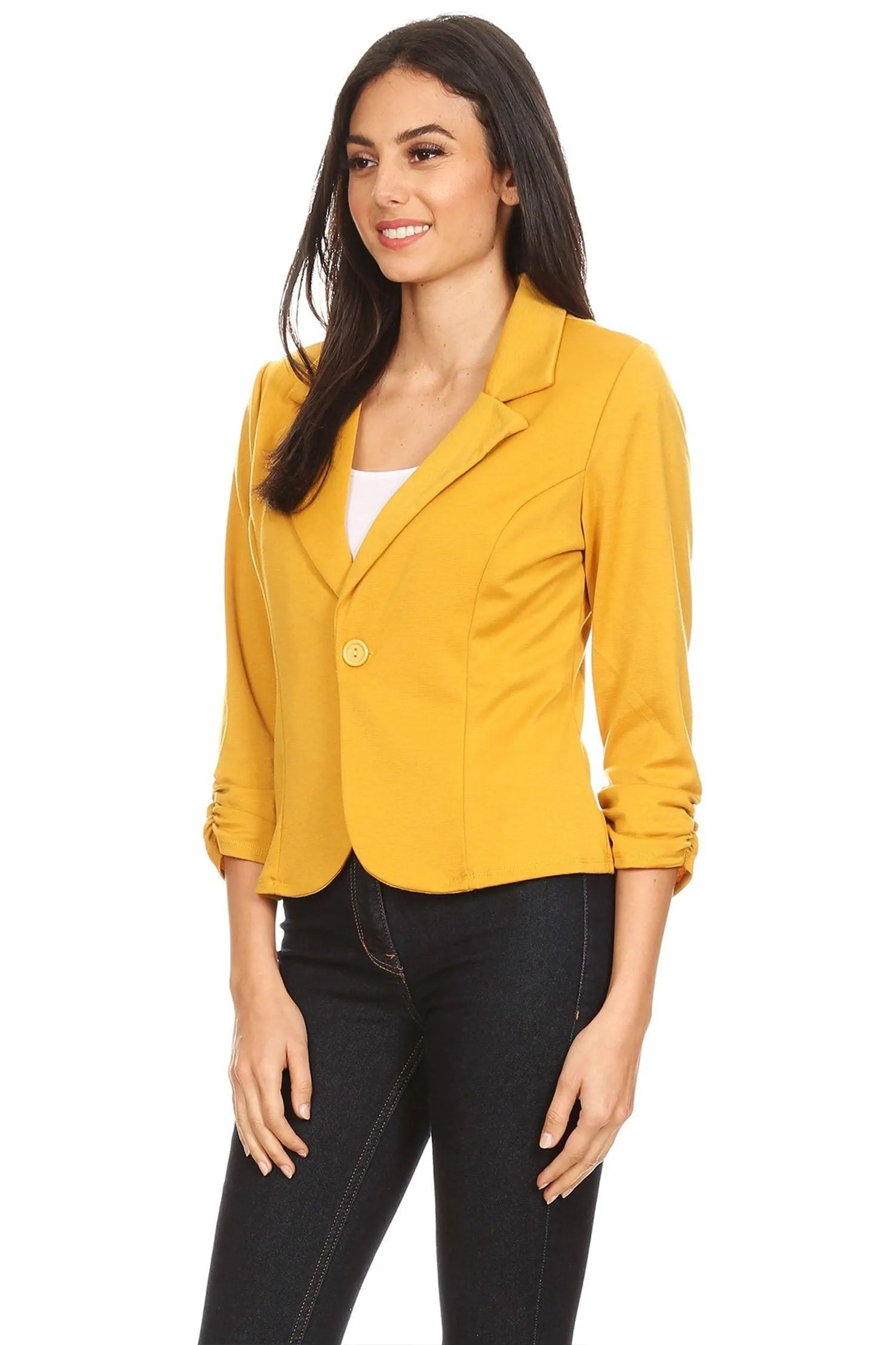 Women's Casual 3/4 Ruched Sleeves One Button Closure Waist length Blazer