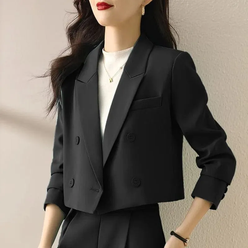 Women's Cropped Double-Breasted Blazer – Vintage Long Sleeve Office Suit Jacket